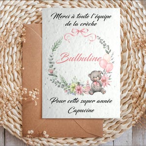 Carte à planter crèche personnalisée ou MAM, carte personnalisée, carte ensemencée, cadeau auxiliaire de crèche, remerciement crèche