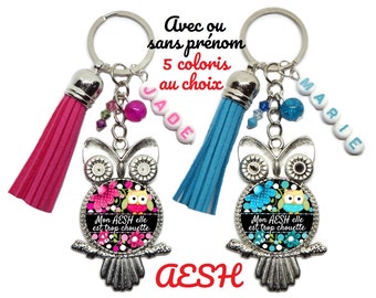 Votre prénom - Porte-clés AESH personnalisé, "Mon AESH elle est trop chouette", cadeau AESH, 5 coloris au choix