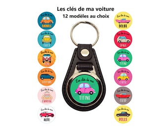 Porte clés Les clés de ma voiture, en simili cuir noir, cabochon en verre 25 mm, 12 modèles au choix, porte clés homme, cadeau pour lui