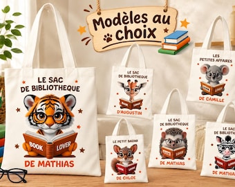 Tote bag enfant personnalisé animaux – Sac bibliothèque prénom – Sac à livres école maternelle – Cadeau rentrée scolaire