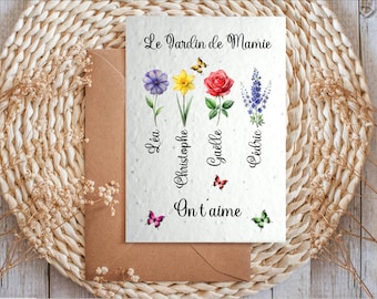 Carte à planter Le Jardin de mamie, papy, carte ensemencée personnalisée avec fleurs du mois de naissance et prénom, fête des grands-mères