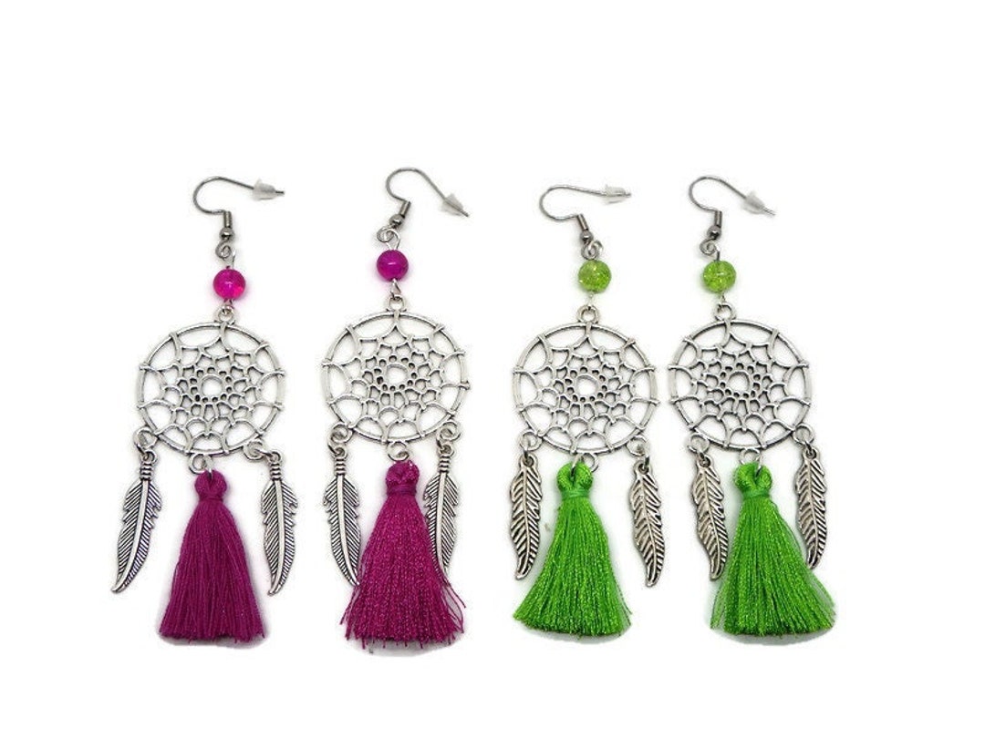Boucles d'oreilles attrape-rêve mauves et dorées - , site de