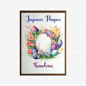 Carte à planter Joyeuses pâques personnalisée au texte de votre choix, carte ensemencée, couronne fleurit avec oeuf de pâques