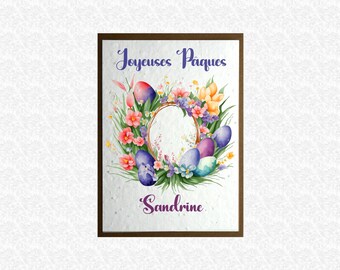 Carte à planter Joyeuses pâques personnalisée au texte de votre choix, carte ensemencée, couronne fleurit avec oeuf de pâques