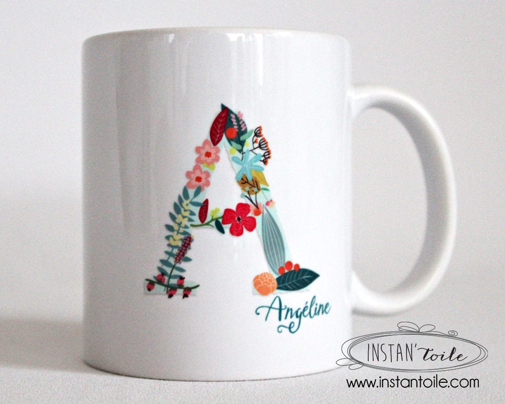 Mug Personnalisé Initiale en Motif Floral - Fleurs et Feuilles Prénom Bleu Canard