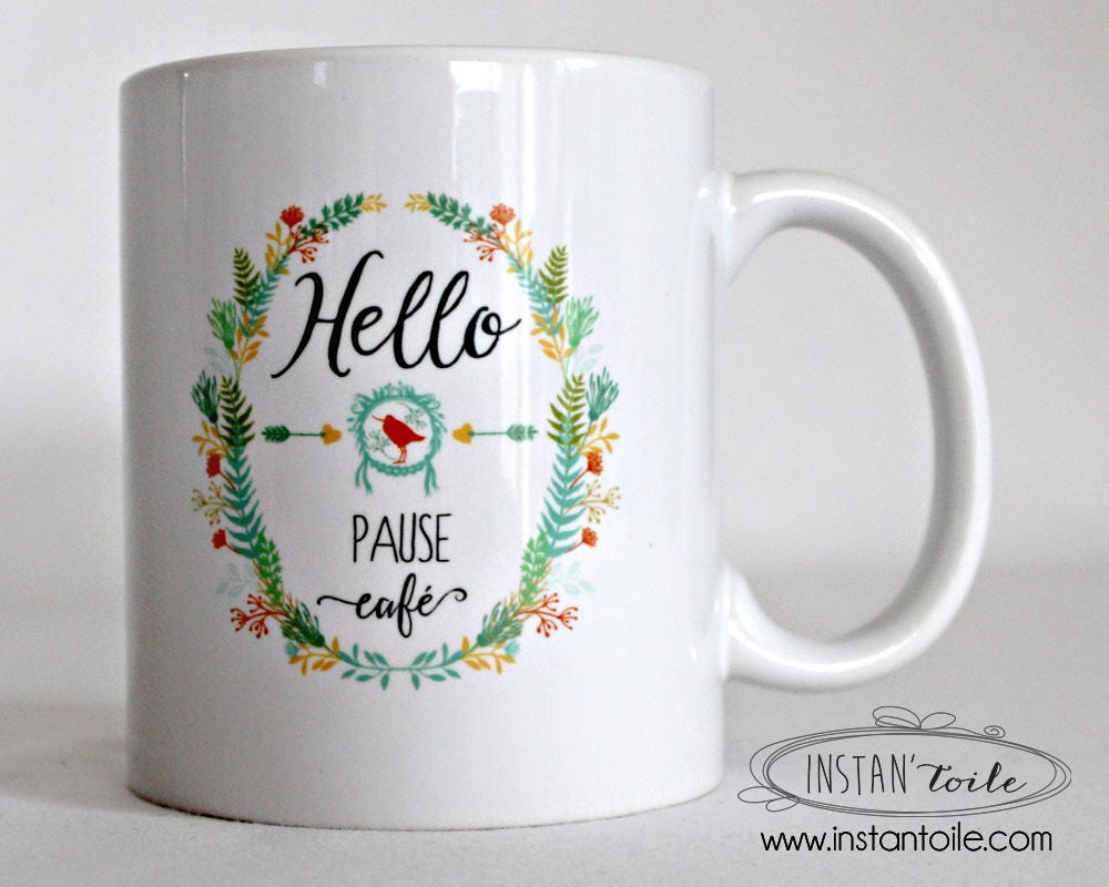 Mug Personnalisable Hello Pause Café - Couronne de Feuilles Vert Ocre Brique