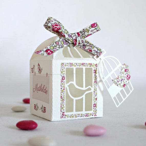Boite à Dragées Livrée Montée Cage Et Oiseaux En Liberty Eloise Rose