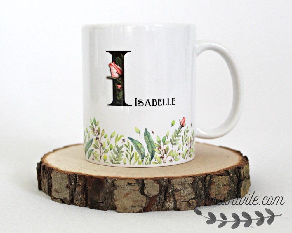 Mug Initiale Noire avec Fleur, Prénom et Contour de Feuillage Vert