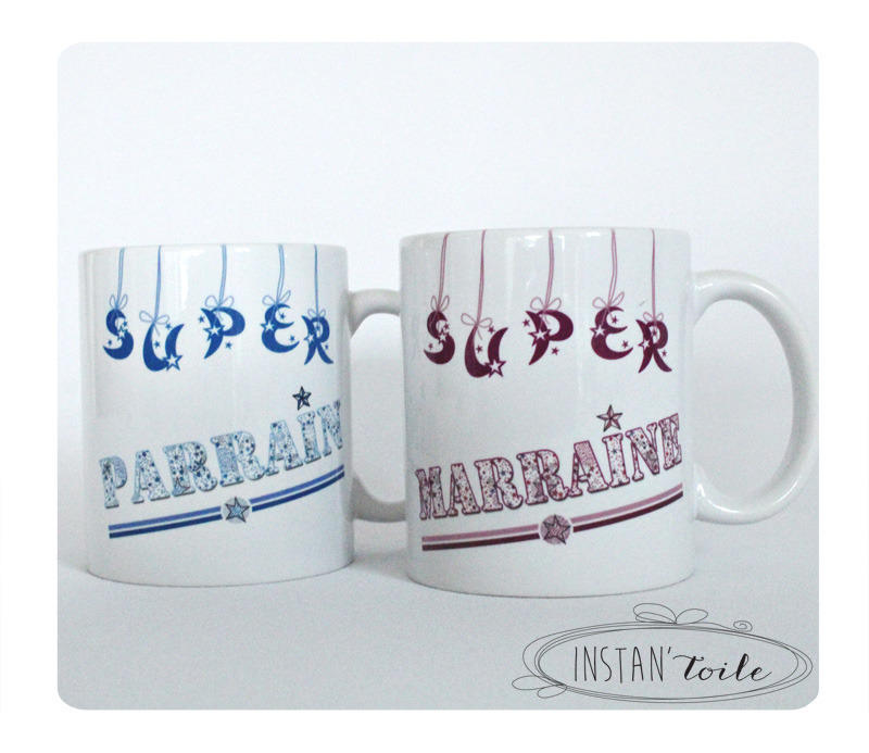 Duo de Mugs Super Parrain - Super Marraine en Liberty Étoiles