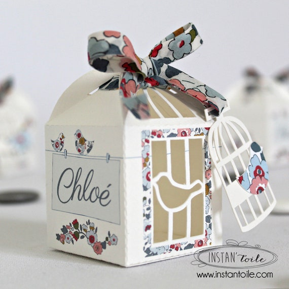 Boite à Dragées Livrée Montée Cage Et Oiseaux En Liberty Betsy Porcelaine Avec Ruban Liberty