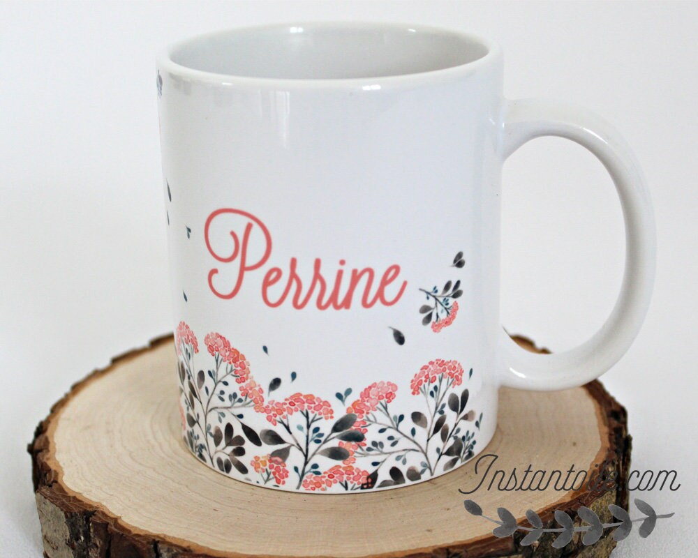 Mug Prénom sur Composition Florale Grise et Rose