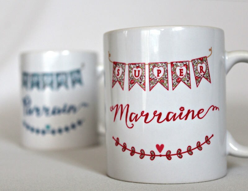 Duo de Mugs Super Parrain & Marraine en Liberty Eloise Thème Cage à Oiseaux