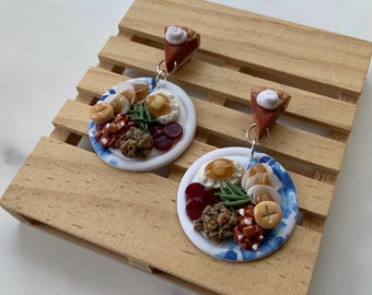 Miniature Thanksgiving Turkey Dinner with all the fixins Holiday Hostess Polymer Clay Statement Earrings