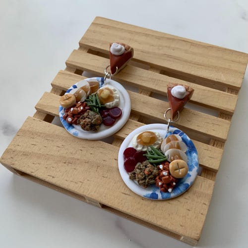 Miniature Thanksgiving Turkey Dinner with all the fixins Holiday Hostess Polymer Clay Statement Earrings