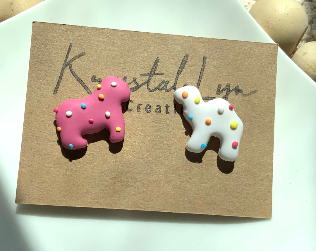 Pink and White Circus Animal Shaped Cookie Polymer Clay Stud Earrings