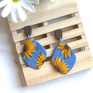 Denim and Sunflowers Textured Polymer Clay Dangle Earrings