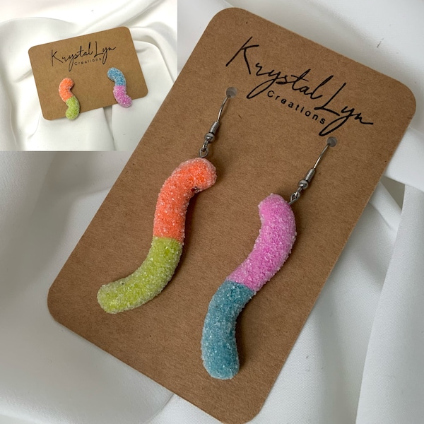 Miniature Novelty Food, Sour Gummy Worm, Bright  Candy,  Statement Earrings, Dangle or Stud, Friend Gift, Teacher Gift, Food Lover Gift