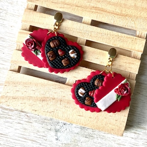 Polymer Clay Valentine’s Day Chocolate Box Movement Dangle Earrings Gift