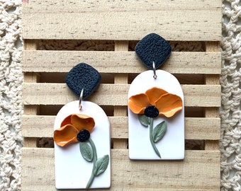 California Poppy, Polymer Clay, Floral Earrings, Gift for women, birthday gift for her, mothers gift