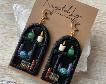 Witchy Bookcase Earrings: Glow-in-the-Dark Polymer Clay Dangle Earrings
