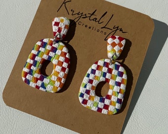 Handmade Clay Bright Rainbow Checkered Statement Dangle Earring Gift for jewelry lover