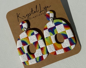 Handmade Clay Bright Rainbow Checkered Statement Dangle Earring Gift for jewelry lover
