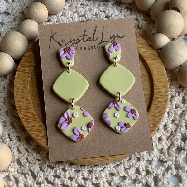 Chartreuse Lavender Floral Dangle Drop Earrings