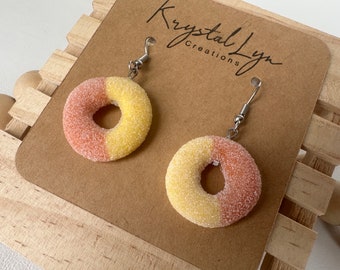 Miniature Peach Ring Nostalgic Candy  Statement Dangle Earrings Gift for Food Lover Gift for Jewelry Lover