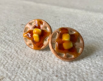 Miniature Toasted Waffle with Butter and Syrup Polymer Clay Stud Earring