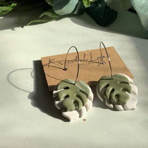 Polymer Clay Monstera Leaf Hoop Dangles