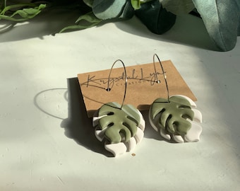 Polymer Clay Monstera Leaf Hoop Dangles