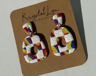 Handmade Clay Bright Rainbow Checkered Statement Dangle Earring Gift for jewelry lover