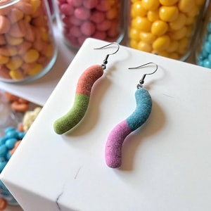 Sour Gummy Worm Earrings: Polymer Clay Candy Dangle or Stud