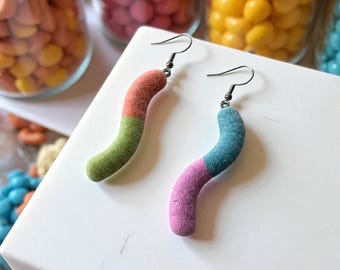 Sour Gummy Worm Earrings: Polymer Clay Candy Dangle or Stud