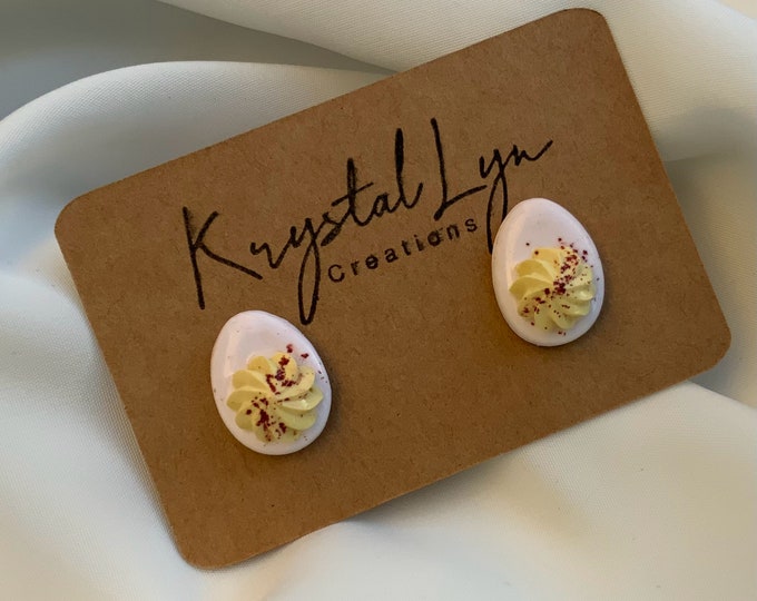 Polymer Clay Deviled Egg Stud Earrings: Miniature Food Jewelry for Thanksgiving