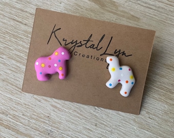 Circus Animal Cookie Stud Earrings: Pink & White Polymer Clay