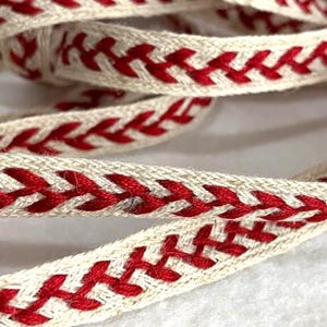 Ruban en lin coton et chanvre, de fabrication française, 8 mm de large, naturel et rouge, vente au mètre, décoration de fêtes, nappes,