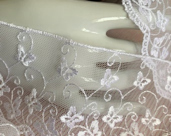 Embroidery on tulle, white, butterflies, 65 mm wide, flying fresco, charm, embellishment, lingerie, sale by the meter