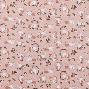 Cotton fabric, poplin light old pink background, with little rabbit loves, hedgehogs, sold by 25 cm by 145 width image 1