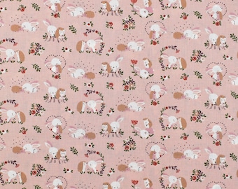 Cotton fabric, poplin light old pink background, with little rabbit loves, hedgehogs, sold by 25 cm by 145 width