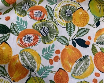 Cotton fabric, with citrus fruits, white twill, smooth and firm, with oranges, lemons, kumkats, 160 cm wide, sold by 25 cm high