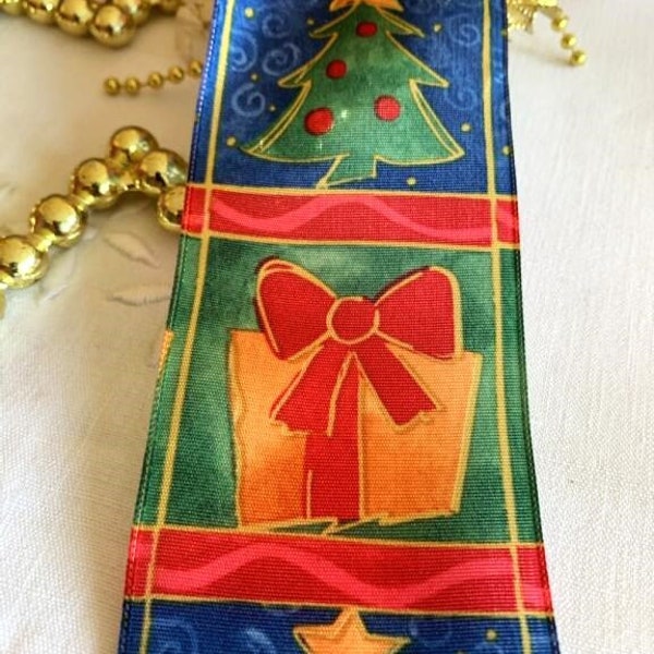 Ruban de Noël, filaire, en satin, bleu, vert, rouge jaune et orange, doré, cadeaux, sapins, 6.3 cm de large, neuf, vendu au mètre