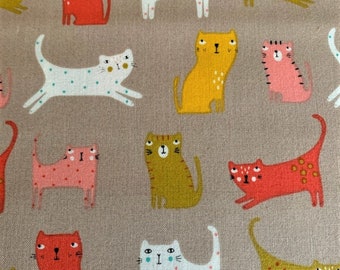 Dashwood fabric, cotton, with colored cats, polka dots, pink, red, 110 cm wide, sold by 50 cm high