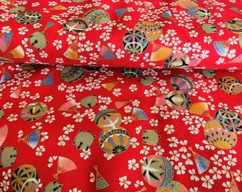 Japanese fabric, Kurenai, cotton, predominantly red, white flowers, gilding, Temaris, fans, sold by 50 cm/110 cm width