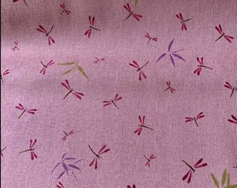 Cotton fabric, Japanese, Sevenberry, with dragonflies, grasses, old pink, mauve and green, 110 cm wide, sold by 50 cm high