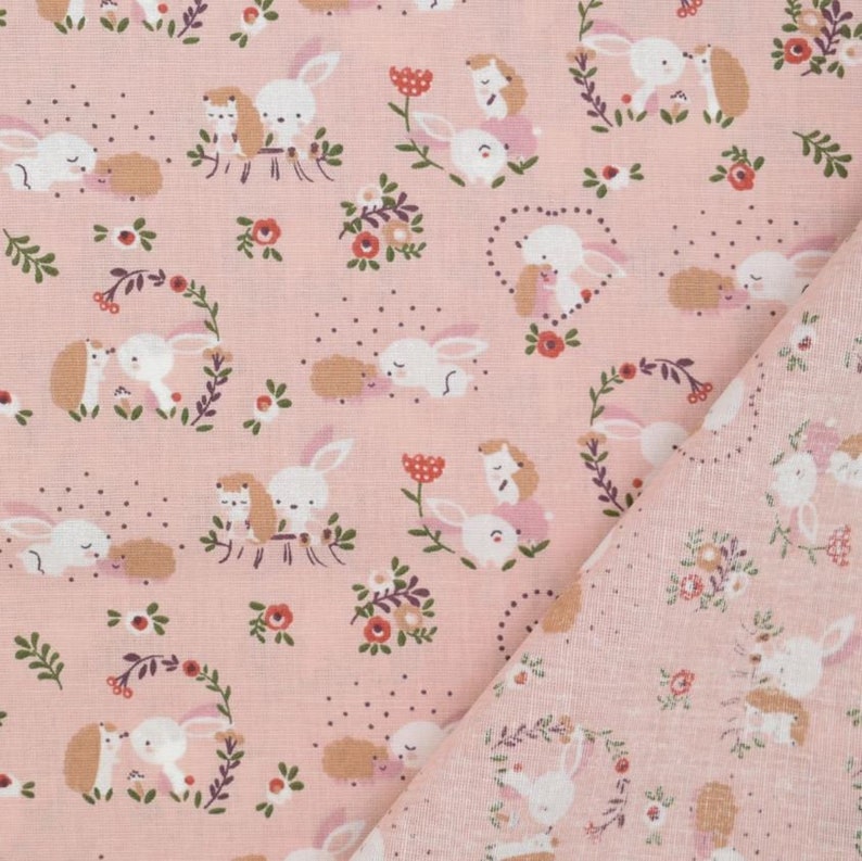 Cotton fabric, poplin light old pink background, with little rabbit loves, hedgehogs, sold by 25 cm by 145 width image 2