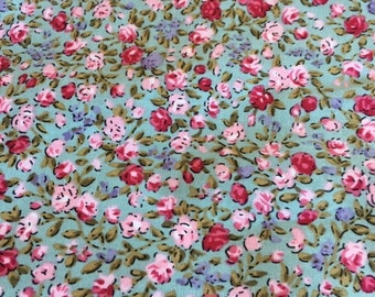 Magnificent cotton fabric, water green background, shabby, flowers of all colors, roses, sale by 50 cm/145 cm