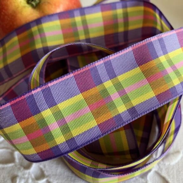 Affaire ! Ruban Tartan, en polyester, 2.5 cm de large, violet, rose, jaune, vert, neuf, vendu par 3 mètres