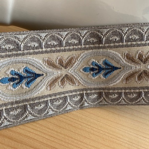 Galon de passementerie, large de 54 mm, France, tissage jacquard, superbe !  crème, gris, taupe et bleu, solide, vente au mètre linéaire