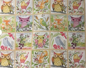 Zeldzaam ! Stof, Blend Fabrics, Cori Dantini, Good Company, 66 vierkante afbeeldingen 10/10 cm, eekhoorn, vos, vogels, egel, 112 cm/60 cm 2014